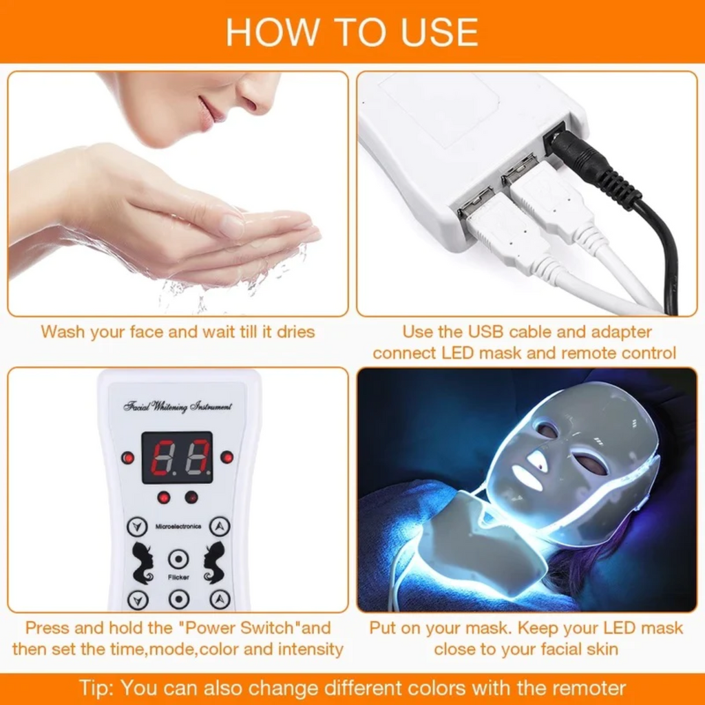 Led-fotontherapiemasker met 7 kleuren — verzorging van gezicht en hals