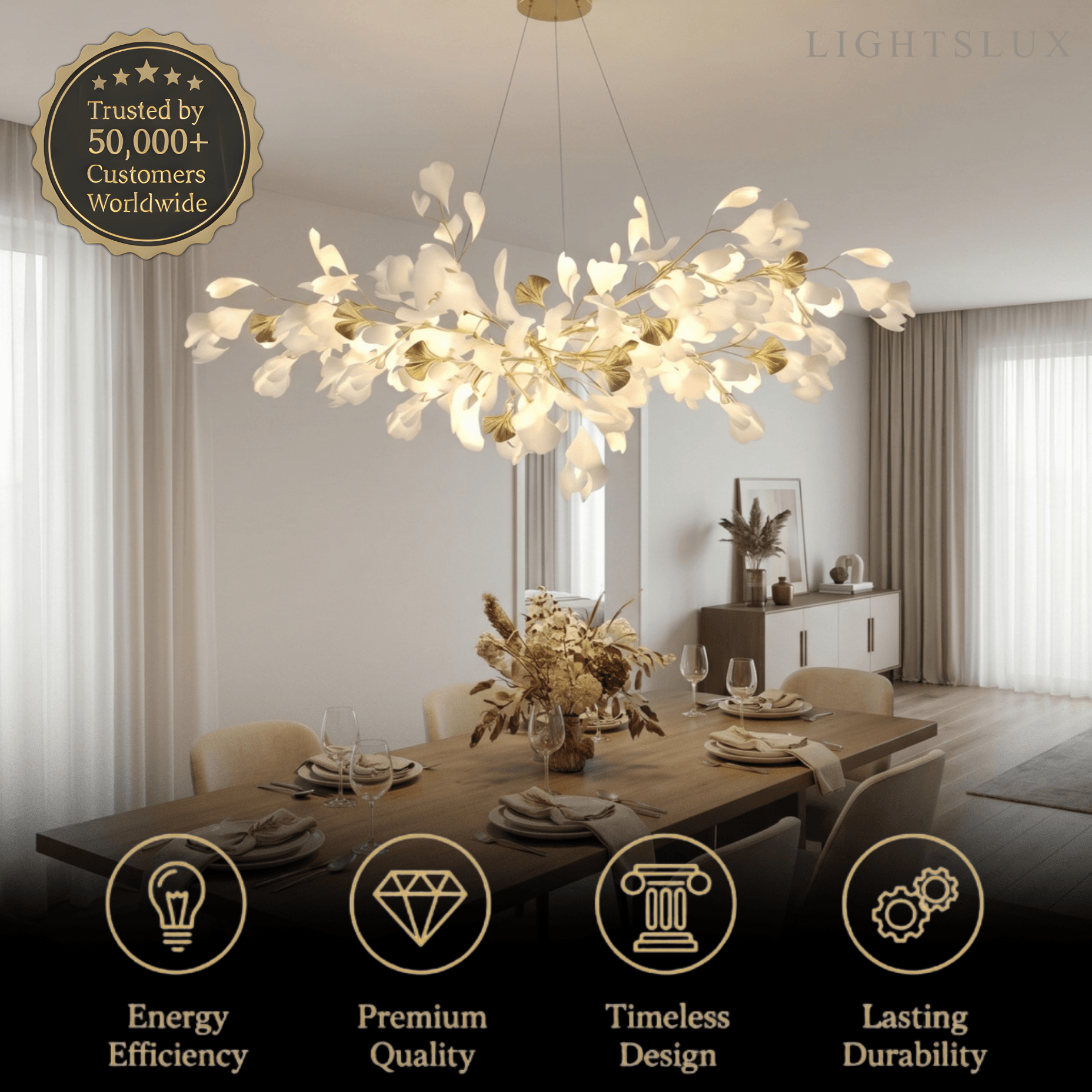 Art Deco White Chandelier – Metal/Acrylic Gingko Design for Living Room - Flindria
