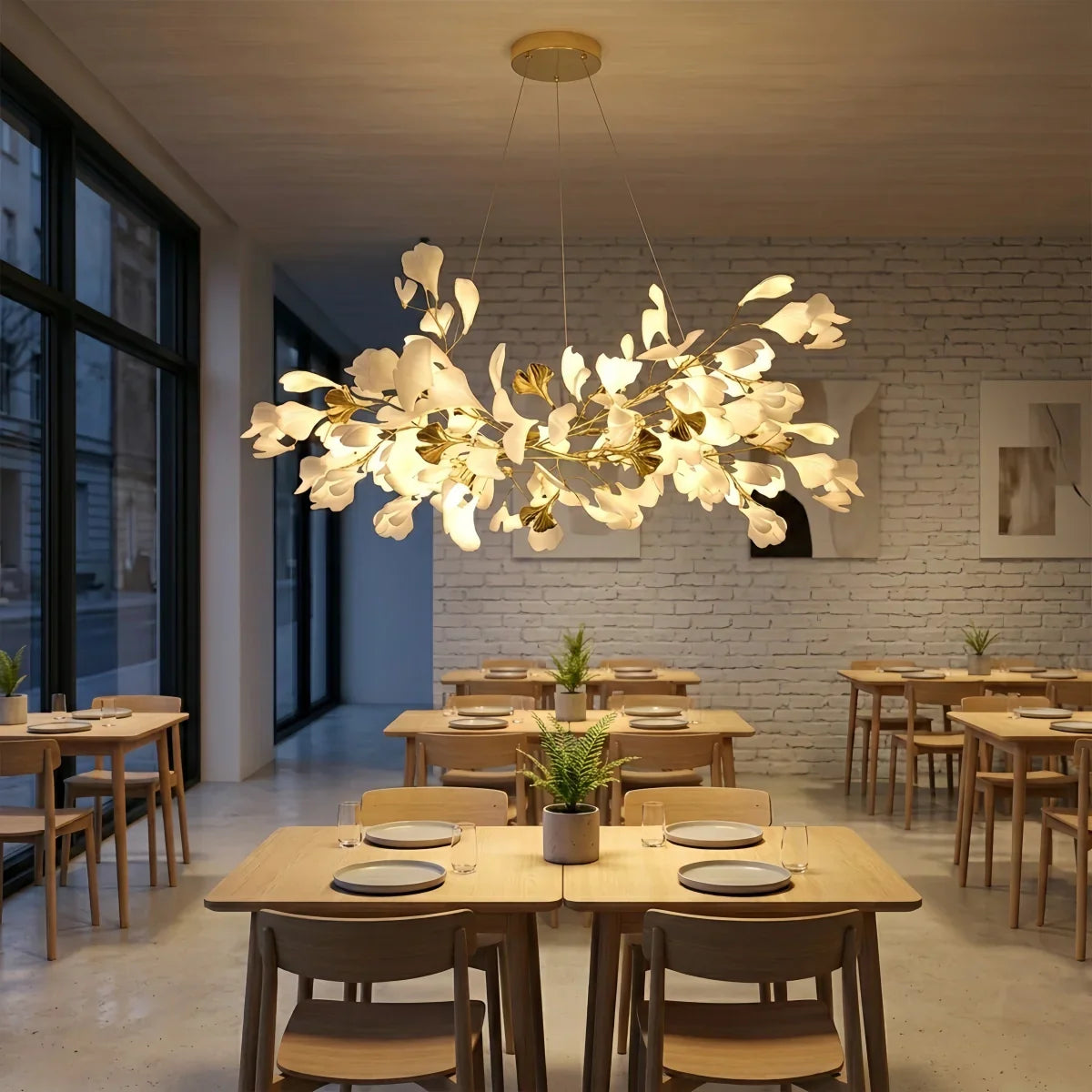 Art Deco White Chandelier – Metal/Acrylic Gingko Design for Living Room - Flindria