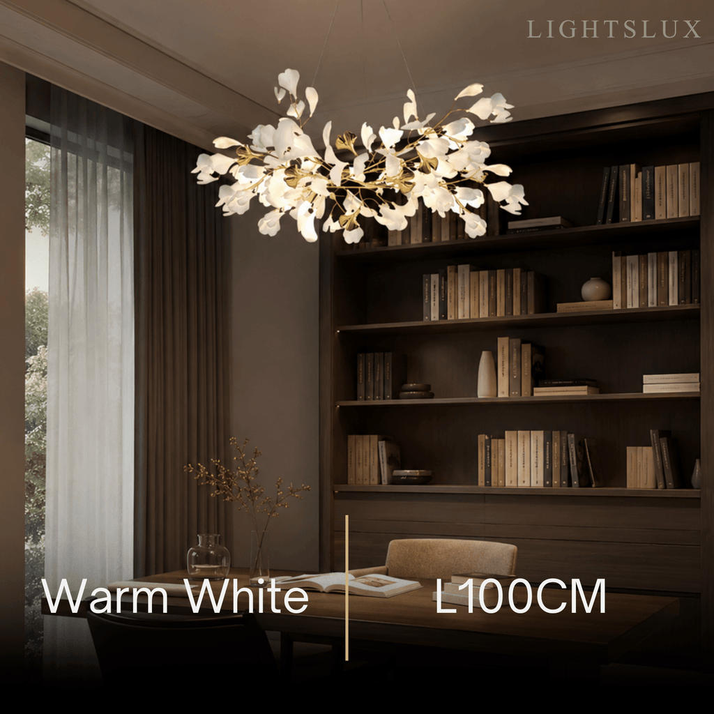 Art Deco White Chandelier – Metal/Acrylic Gingko Design for Living Room - Flindria