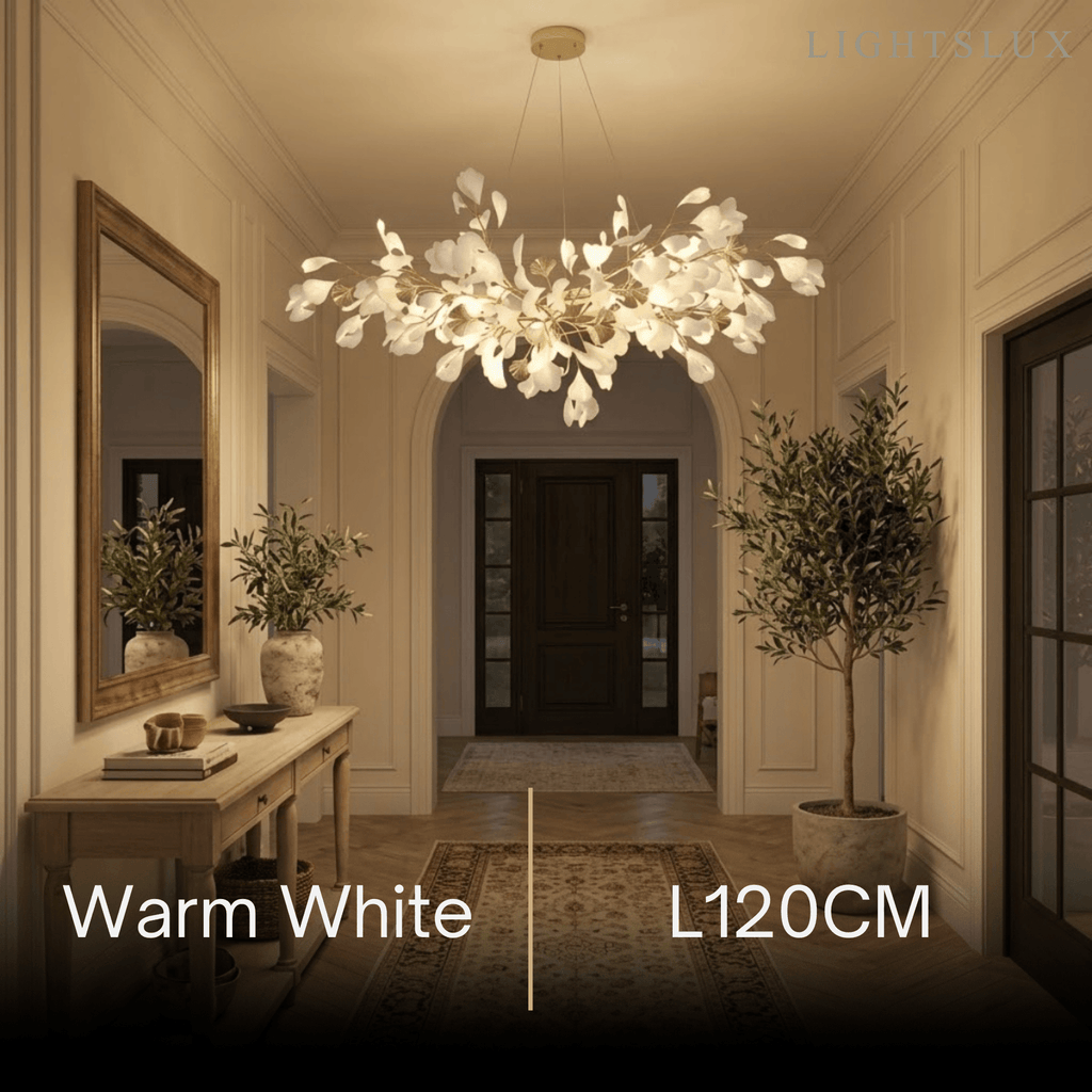 Art Deco White Chandelier – Metal/Acrylic Gingko Design for Living Room - Flindria