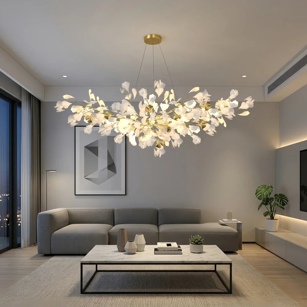 Art Deco White Chandelier – Metal/Acrylic Gingko Design for Living Room - Flindria