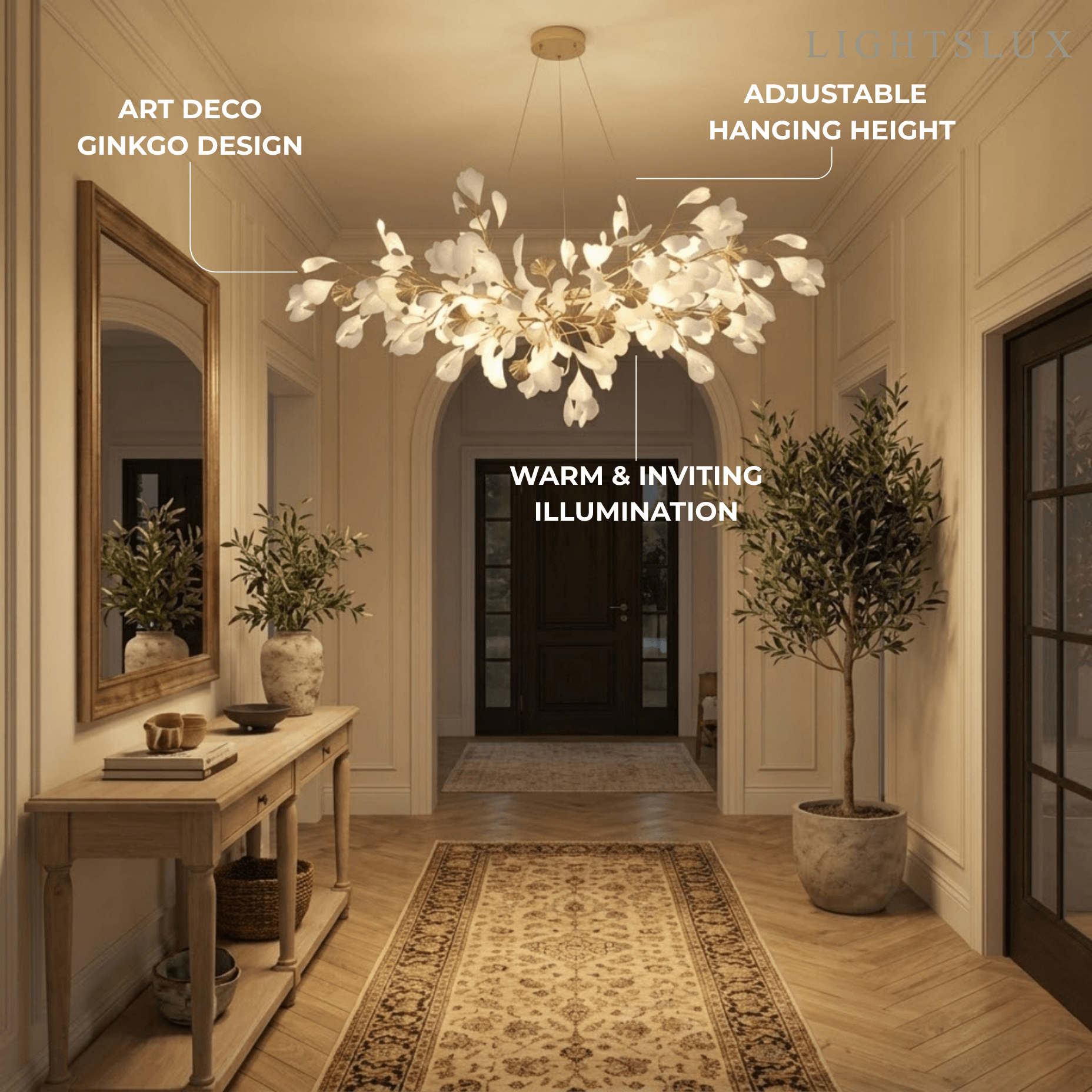 Art Deco White Chandelier – Metal/Acrylic Gingko Design for Living Room - Flindria