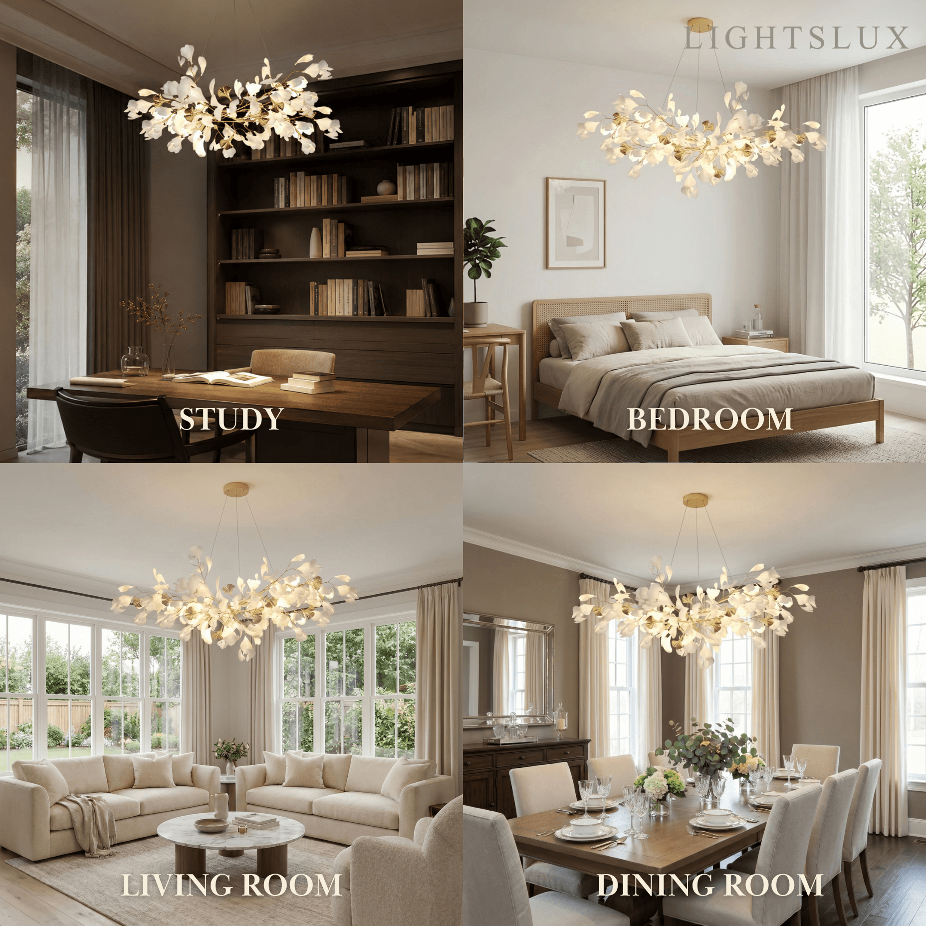 Art Deco White Chandelier – Metal/Acrylic Gingko Design for Living Room - Flindria