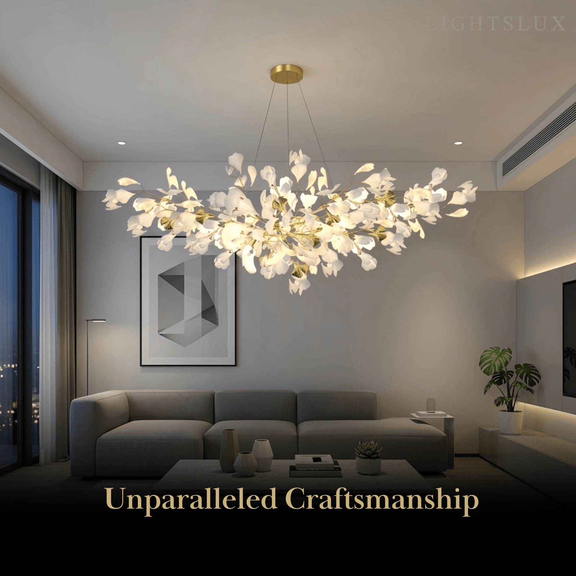 Art Deco White Chandelier – Metal/Acrylic Gingko Design for Living Room - Flindria