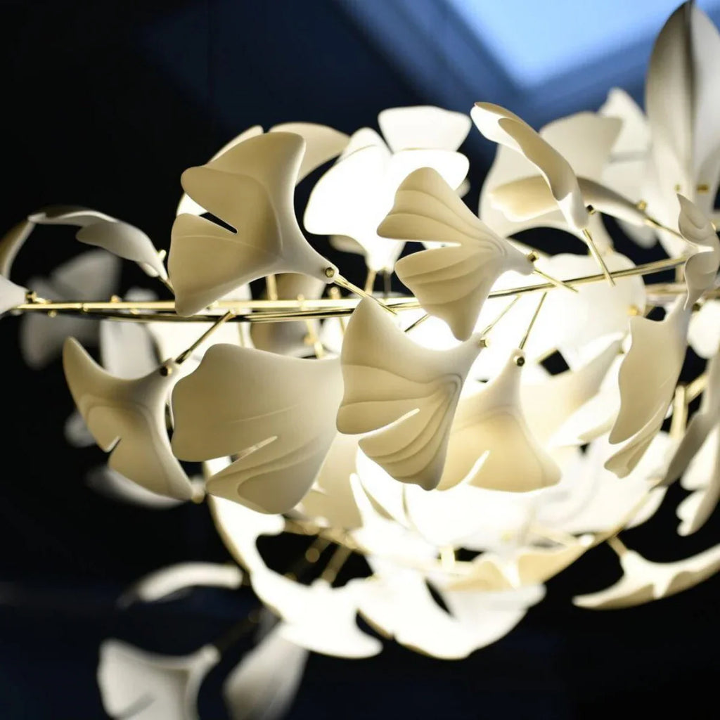 Art Deco White Chandelier – Metal/Acrylic Gingko Design for Living Room - Flindria