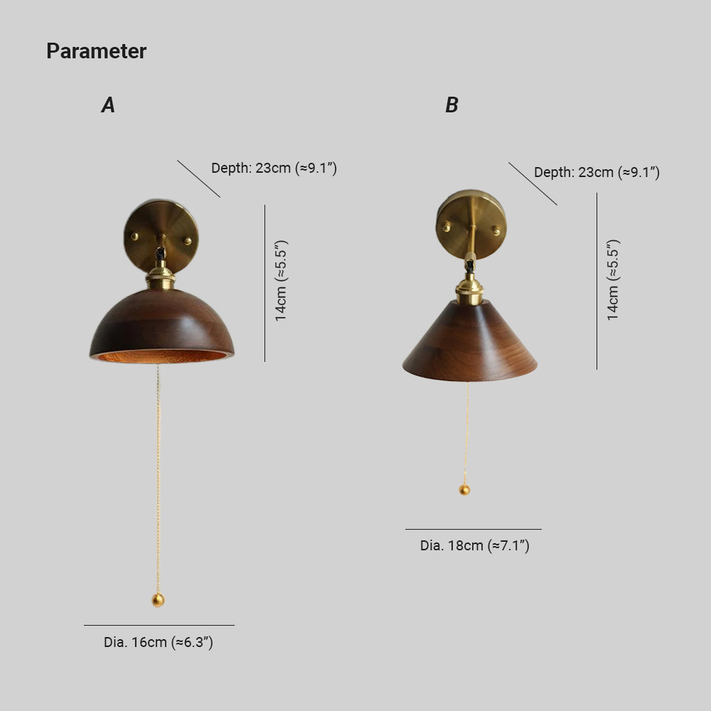 Aureo Vintage Wood Wall Lamp — Pull Chain Switch, Dome Shade
