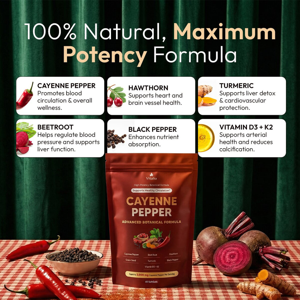 Cayenne Pepper Softgel Capsules — Hawthorn Berry, Ginseng, D3 & K2 Blend