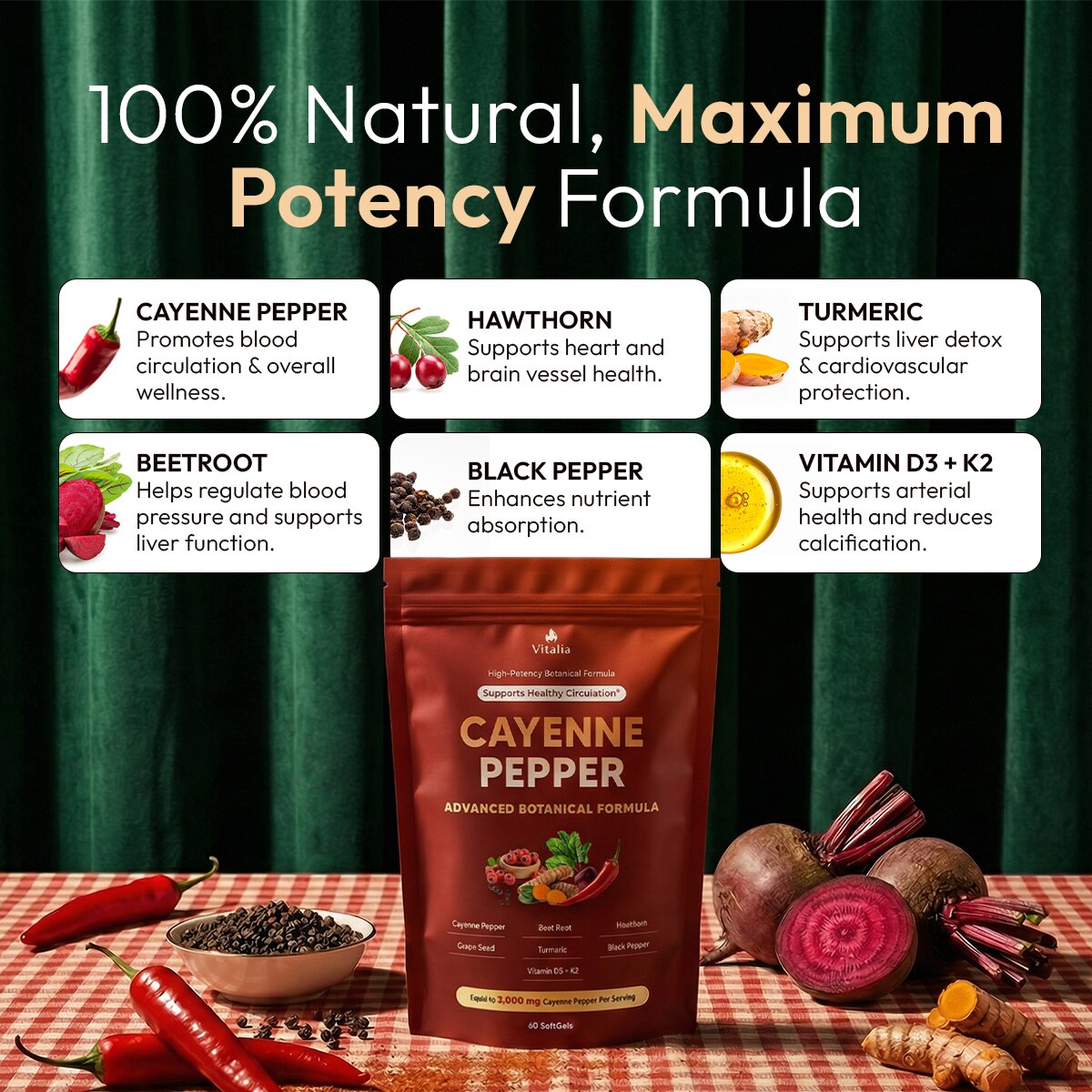 Cayenne Pepper Softgel Capsules — Hawthorn Berry, Ginseng, D3 & K2 Blend