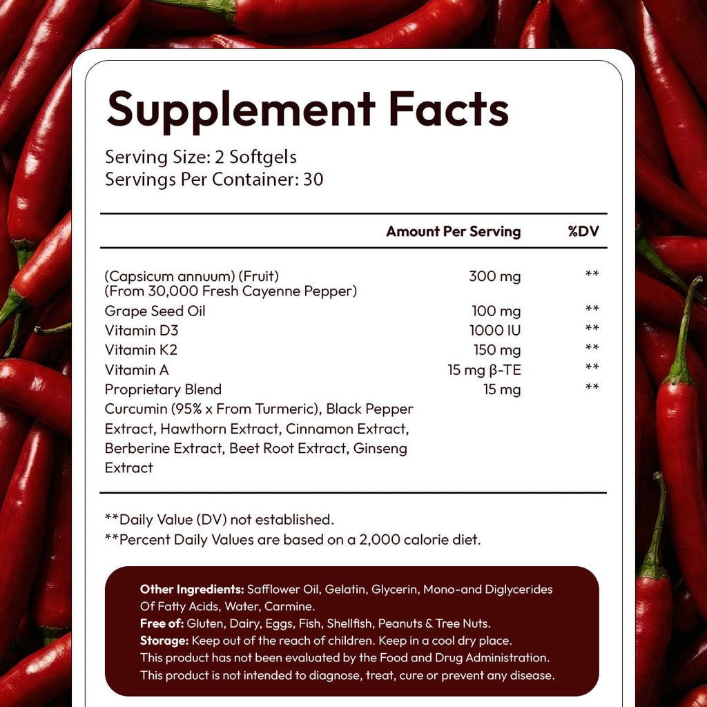 Cayenne Pepper Softgel Capsules — Hawthorn Berry, Ginseng, D3 & K2 Blend
