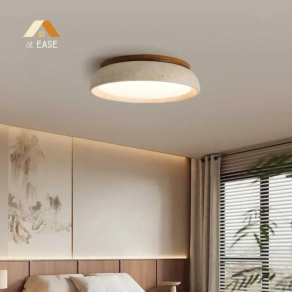 Candeeiro de teto redondo em travertino — luz LED quente difusa