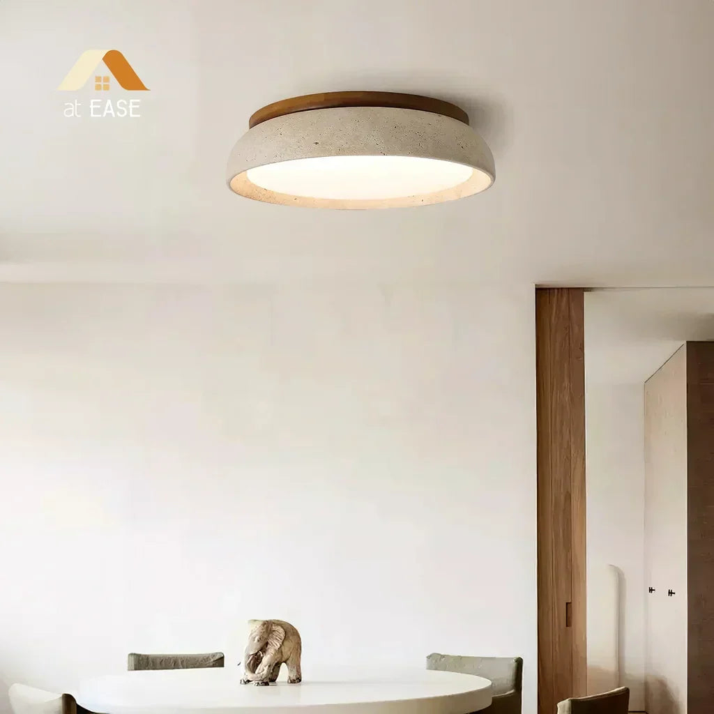Candeeiro de teto redondo em travertino — luz LED quente difusa