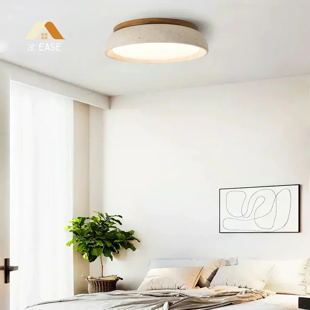 Candeeiro de teto redondo em travertino — luz LED quente difusa