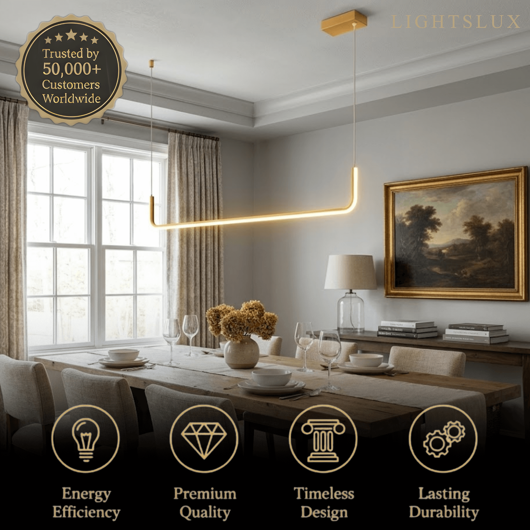 Minimalist Linear Pendant Light – Black/Gold Metal/Acrylic for Dining Room - Flindria