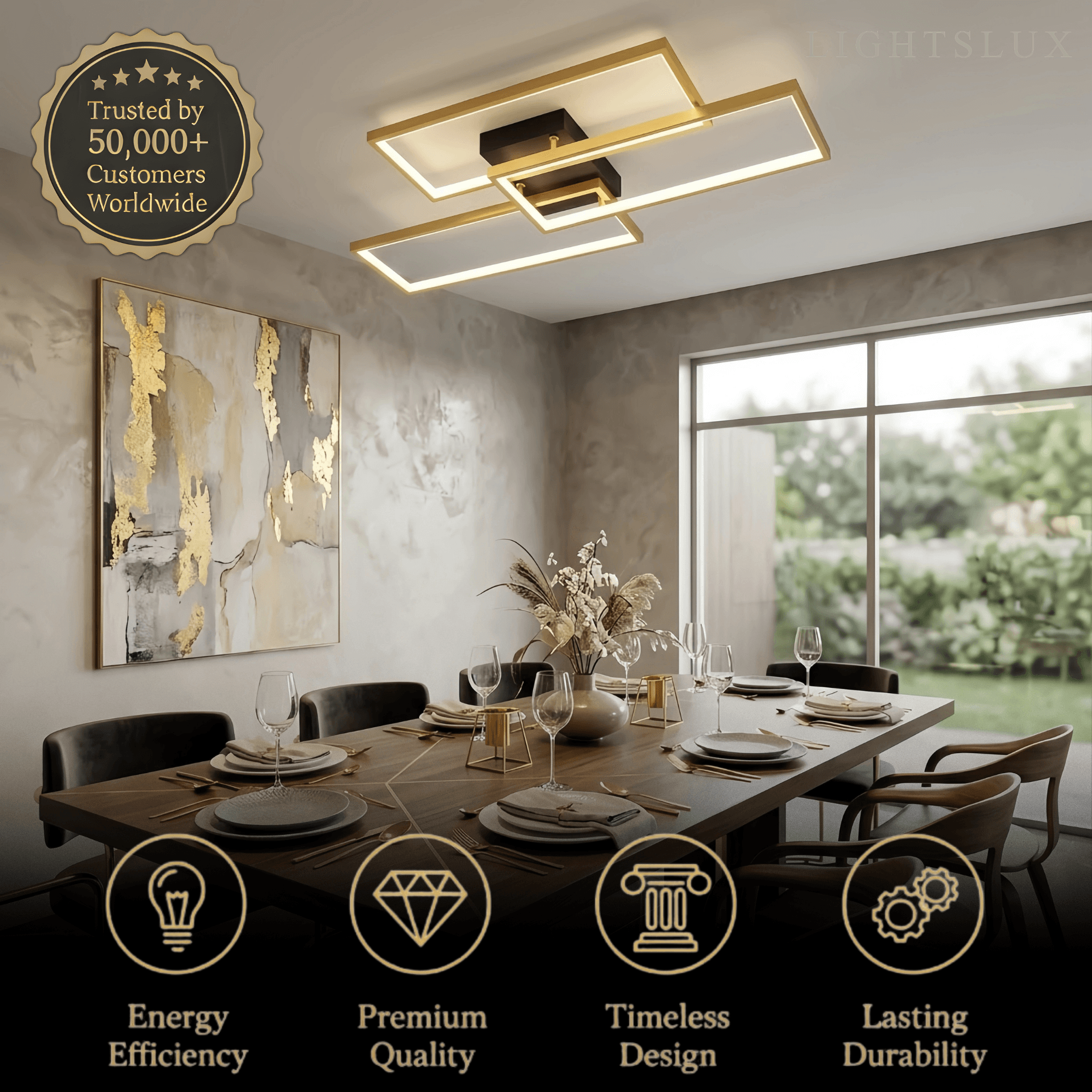 Modern Dimmable Ceiling Light - Black/Gold Rectangular for Bedroom/Living Room - Flindria