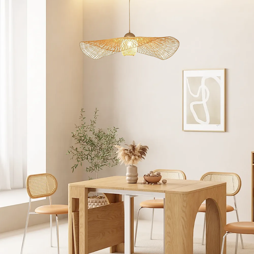 Modern Pendant Light - Rattan & Bamboo Hooded Shade for Dining Room - Flindria