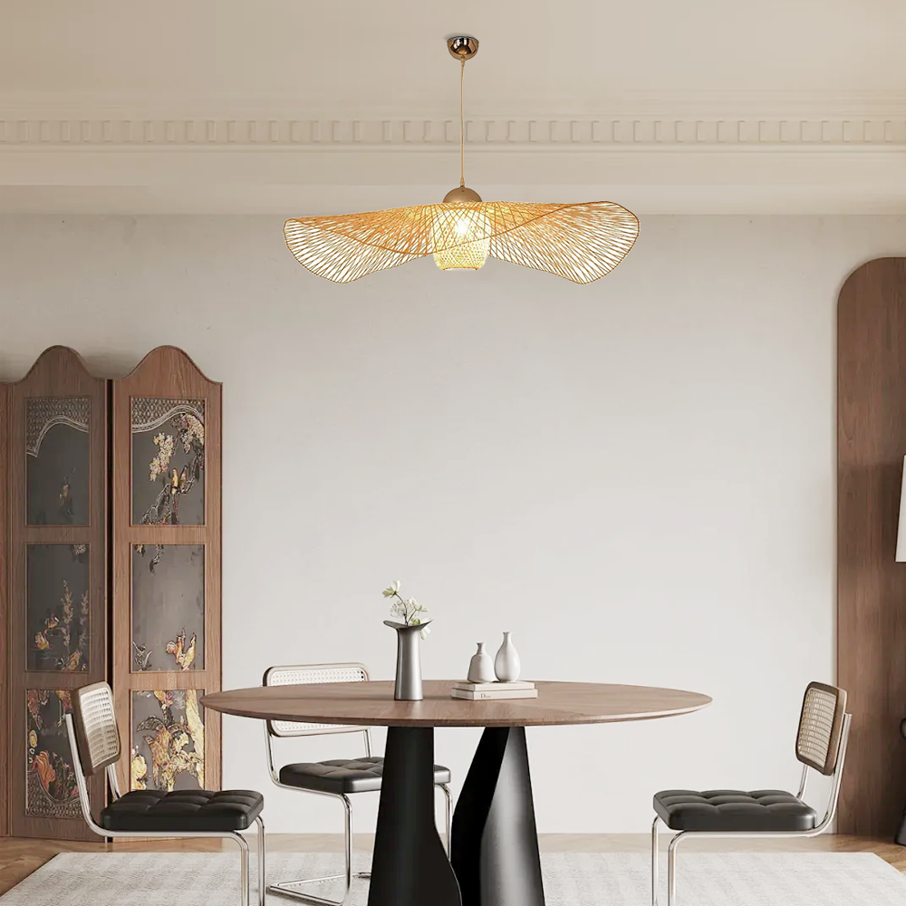 Modern Pendant Light - Rattan & Bamboo Hooded Shade for Dining Room - Flindria
