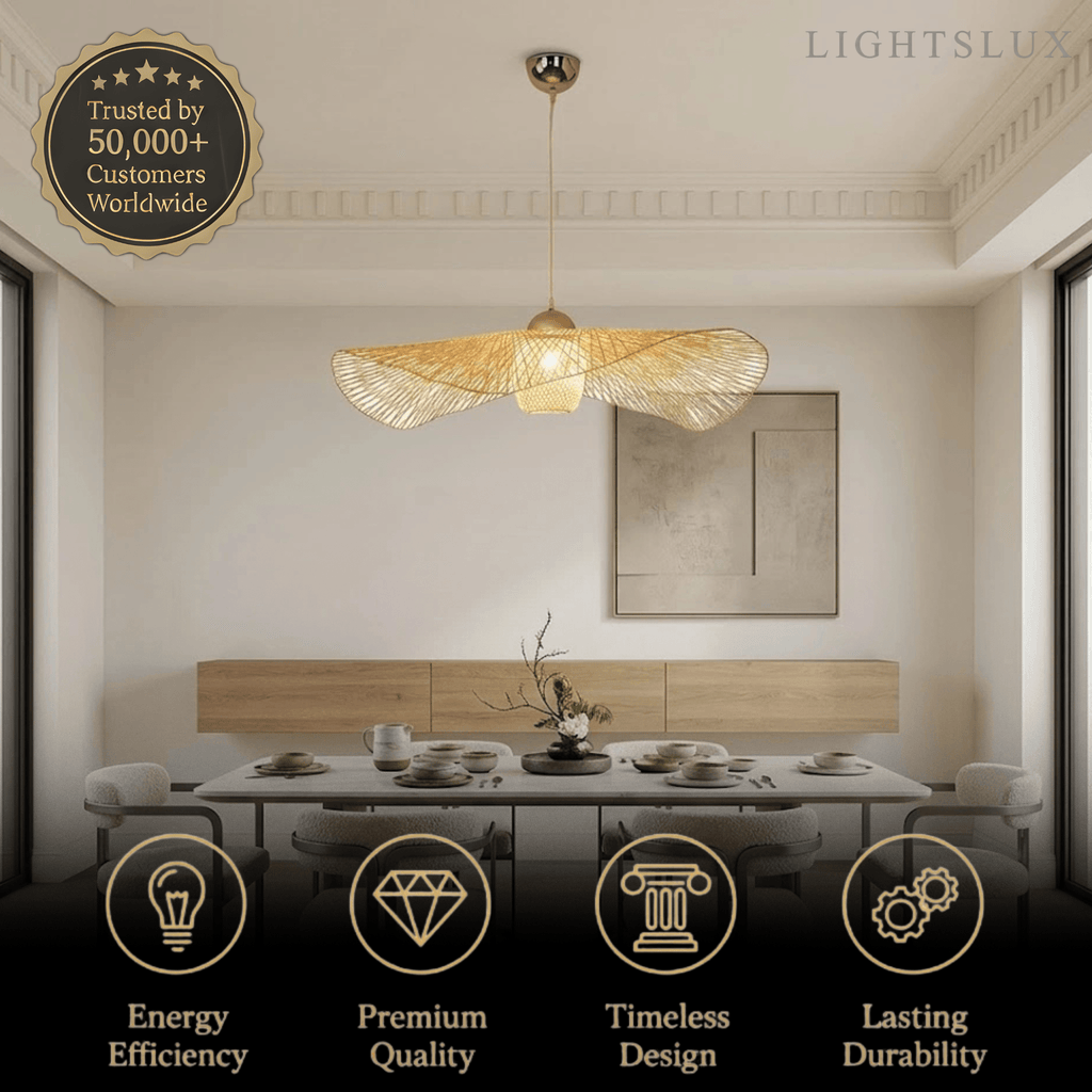 Modern Pendant Light - Rattan & Bamboo Hooded Shade for Dining Room - Flindria