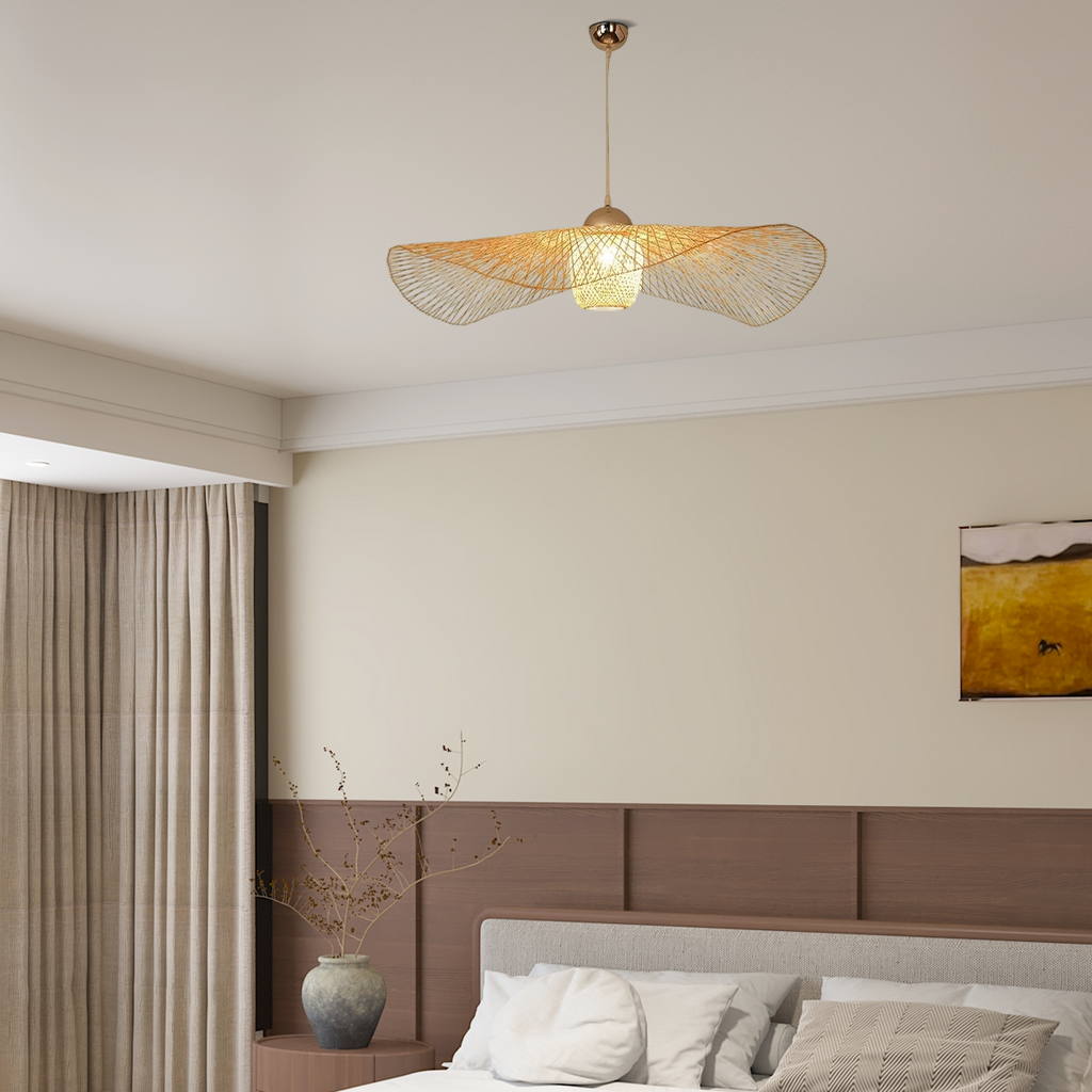 Modern Pendant Light - Rattan & Bamboo Hooded Shade for Dining Room - Flindria