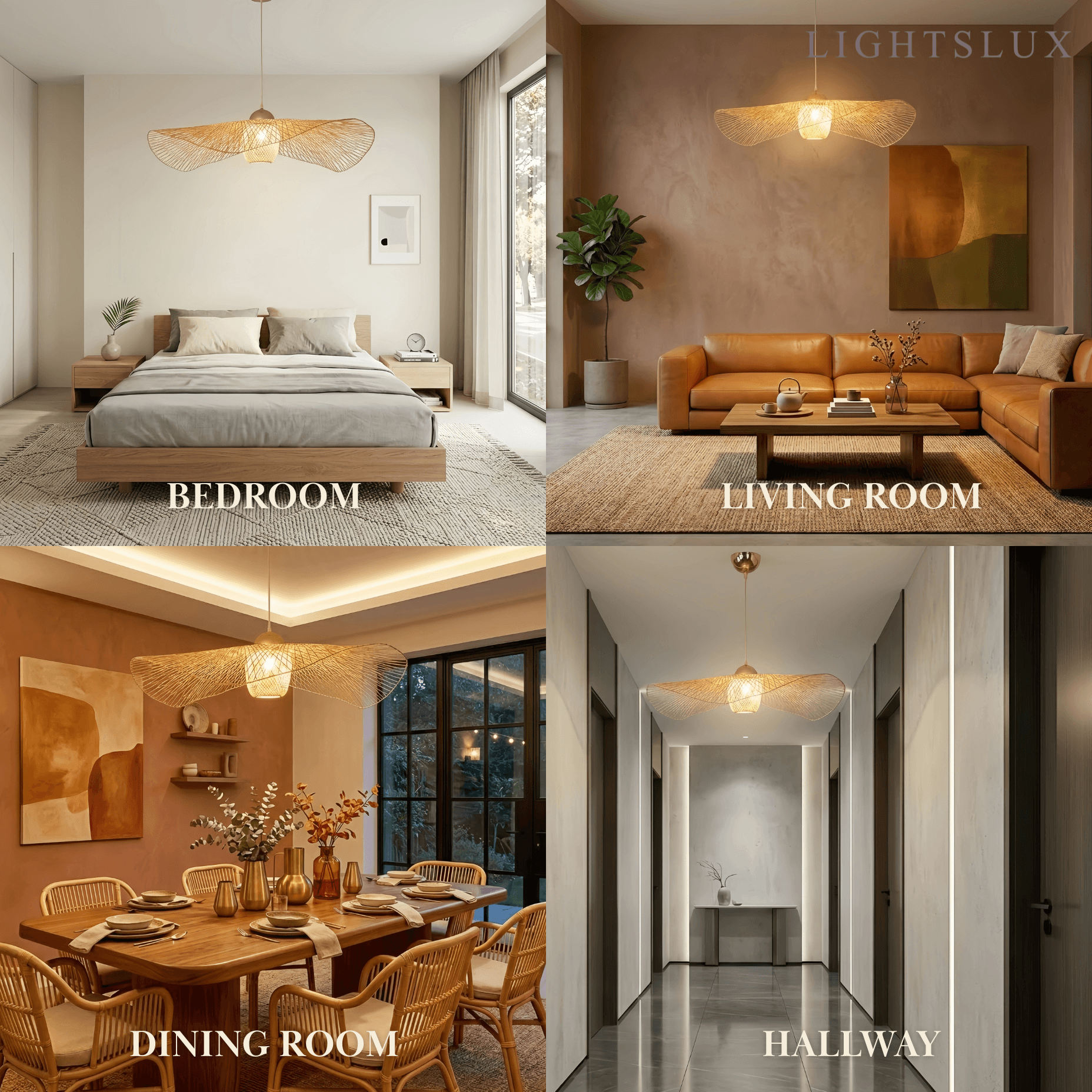 Modern Pendant Light - Rattan & Bamboo Hooded Shade for Dining Room - Flindria
