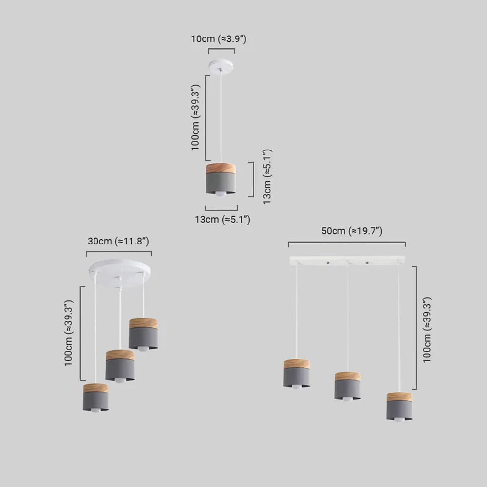 Nordic Pendant Light -3 Heads Gray & Wood Cylinder for Dining Room - Flindria