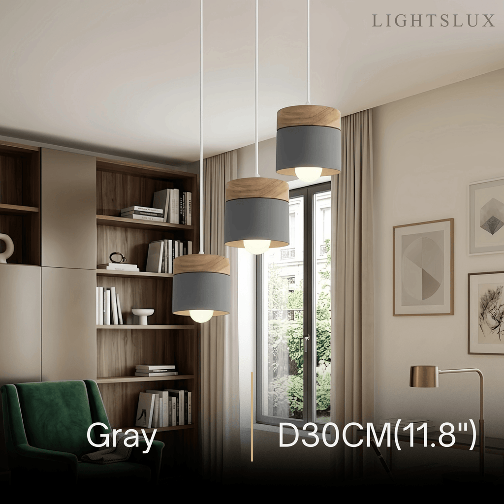 Nordic Pendant Light -3 Heads Gray & Wood Cylinder for Dining Room - Flindria