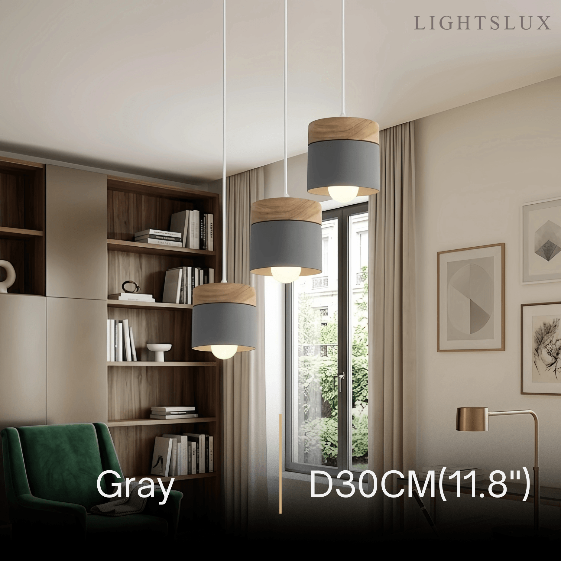 Nordic Pendant Light -3 Heads Gray & Wood Cylinder for Dining Room - Flindria