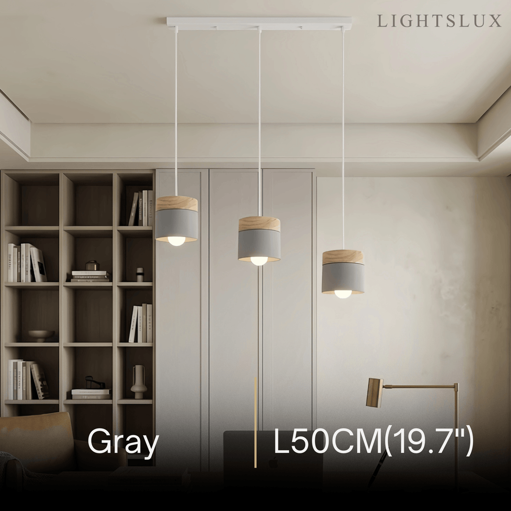 Nordic Pendant Light -3 Heads Gray & Wood Cylinder for Dining Room - Flindria