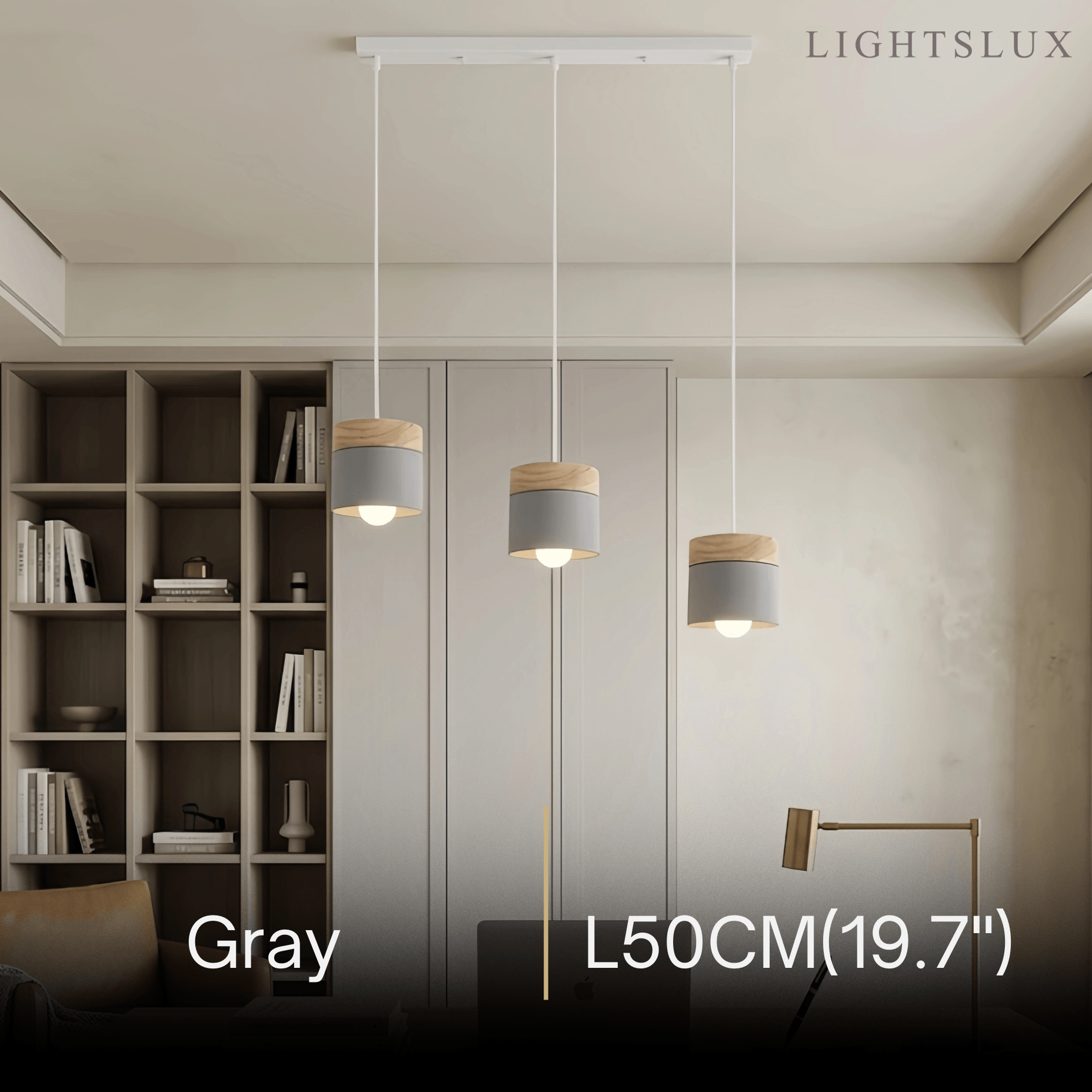 Nordic Pendant Light -3 Heads Gray & Wood Cylinder for Dining Room - Flindria