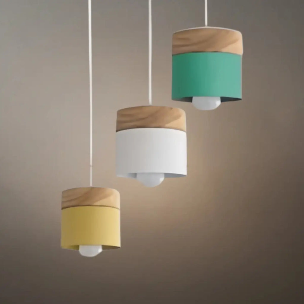 Nordic Pendant Light -3 Heads Gray & Wood Cylinder for Dining Room - Flindria