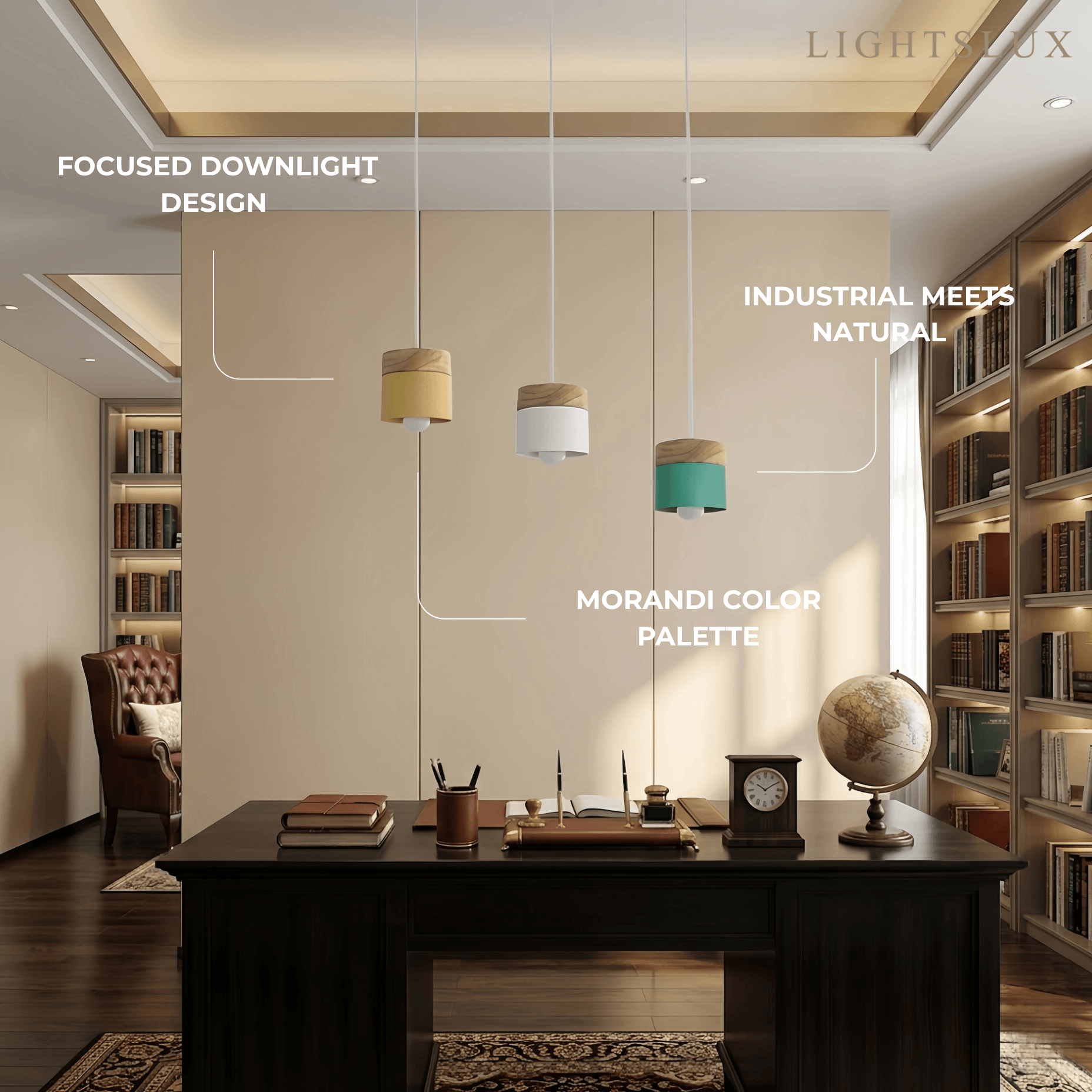 Nordic Pendant Light -3 Heads Gray & Wood Cylinder for Dining Room - Flindria