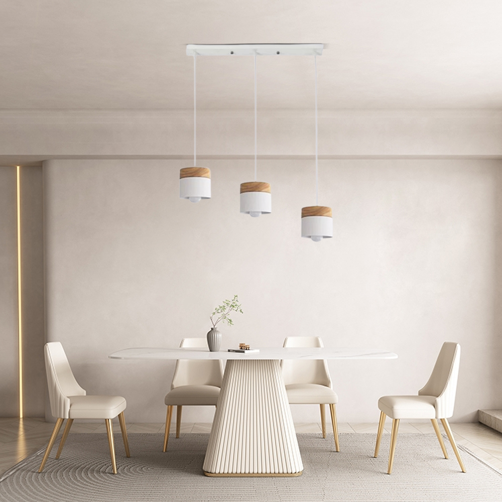 Nordic Pendant Light -3 Heads Gray & Wood Cylinder for Dining Room - Flindria