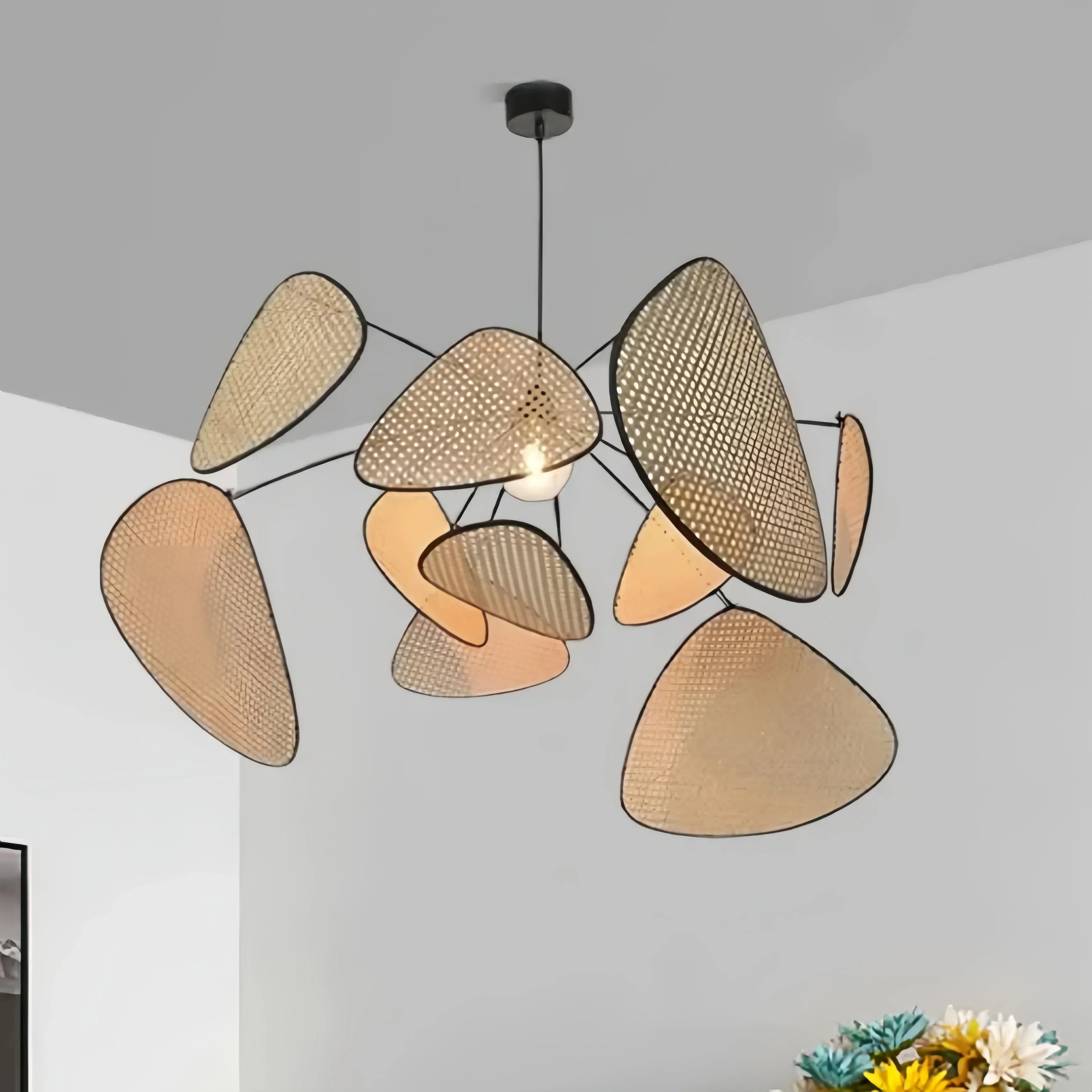 Art Deco Designer Rattan Chandelier – Geometric Metal Frame for Dining Room - Flindria