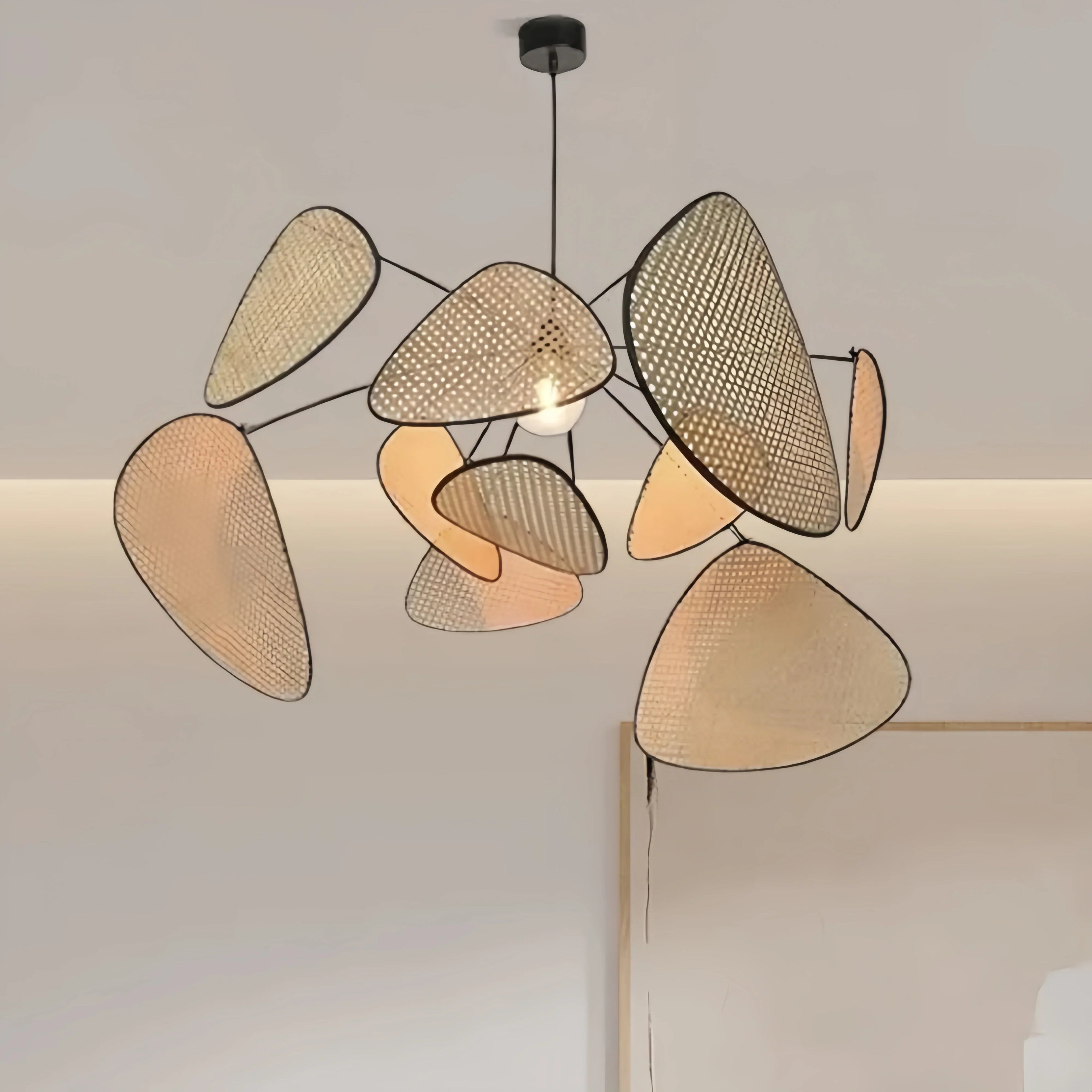 Art Deco Designer Rattan Chandelier – Geometric Metal Frame for Dining Room - Flindria