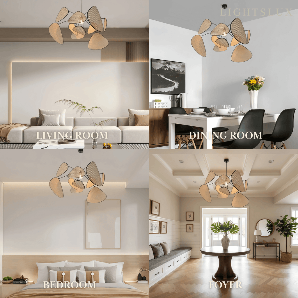Art Deco Designer Rattan Chandelier – Geometric Metal Frame for Dining Room - Flindria