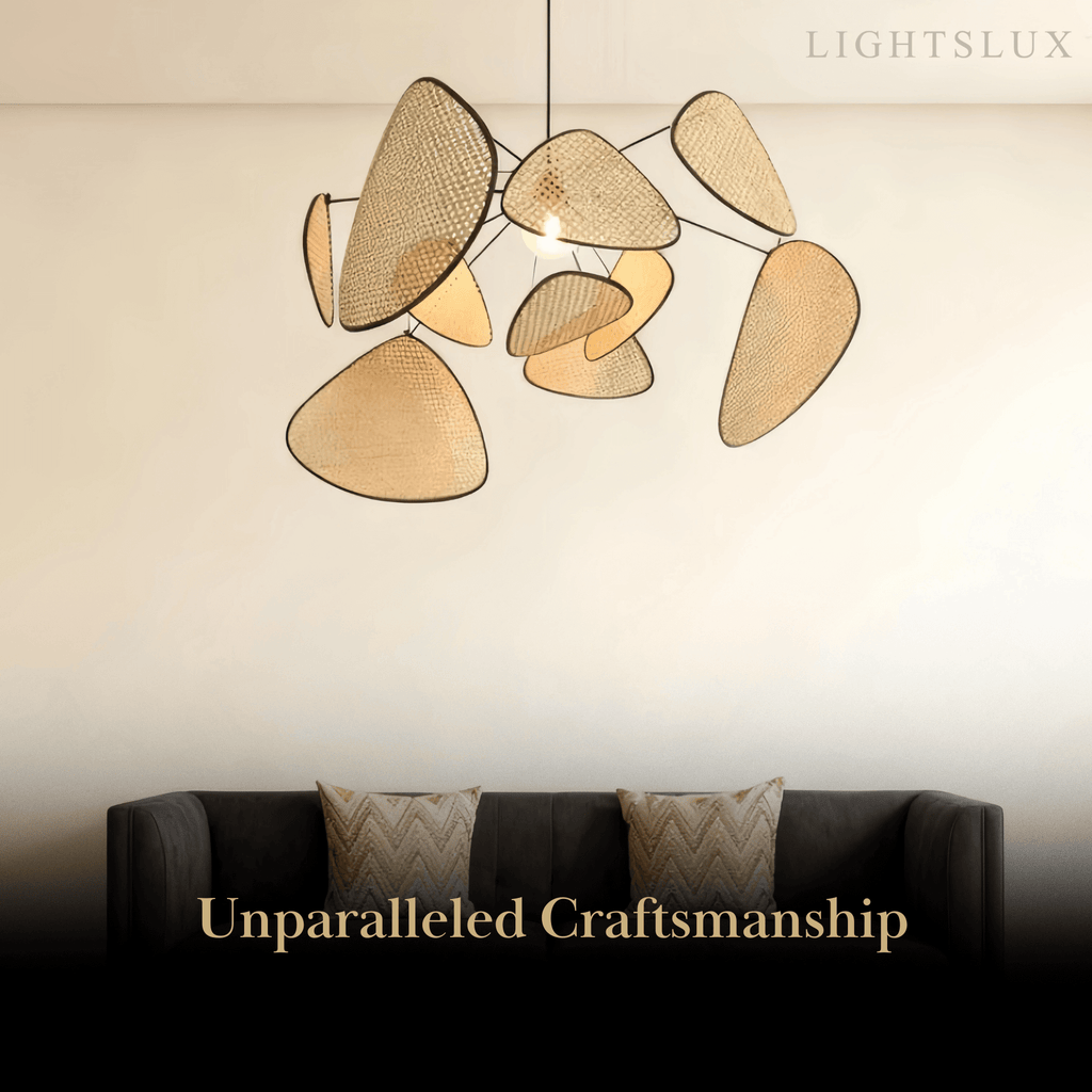 Art Deco Designer Rattan Chandelier – Geometric Metal Frame for Dining Room - Flindria