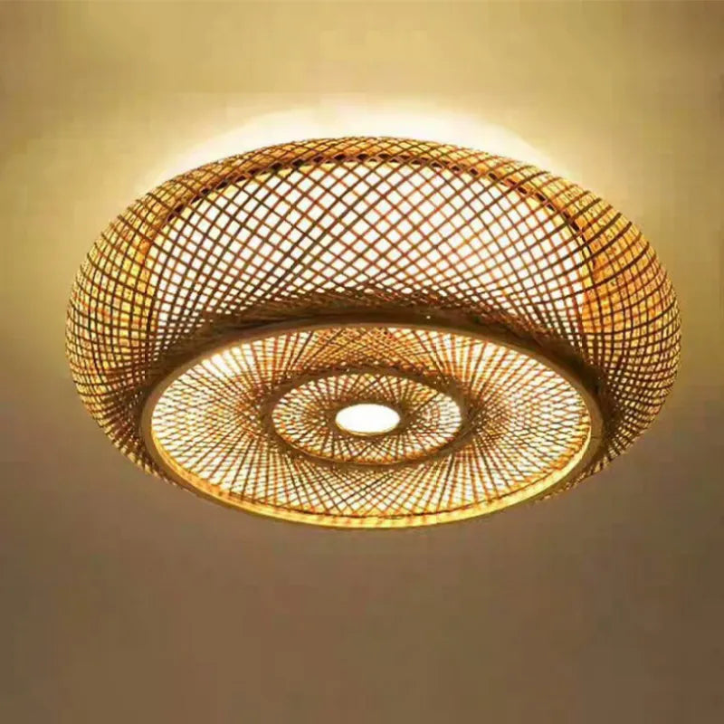 Natural Bamboo Ceiling Light — Round Rattan Woven & LED Bedroom - Flindria