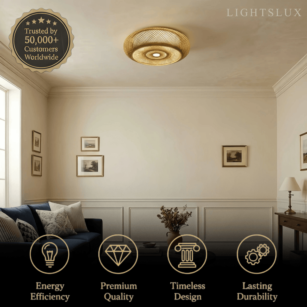 Natural Bamboo Ceiling Light — Round Rattan Woven & LED Bedroom - Flindria