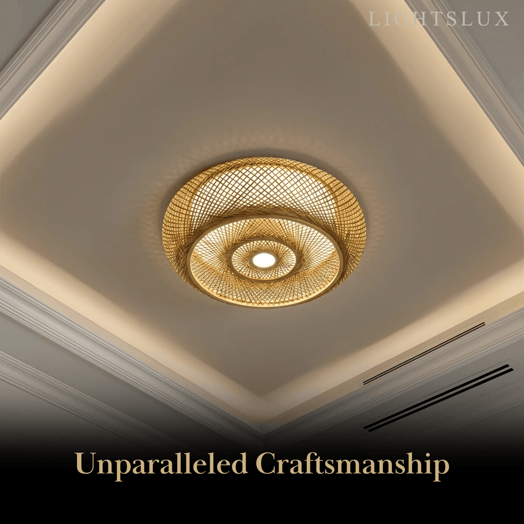 Natural Bamboo Ceiling Light — Round Rattan Woven & LED Bedroom - Flindria