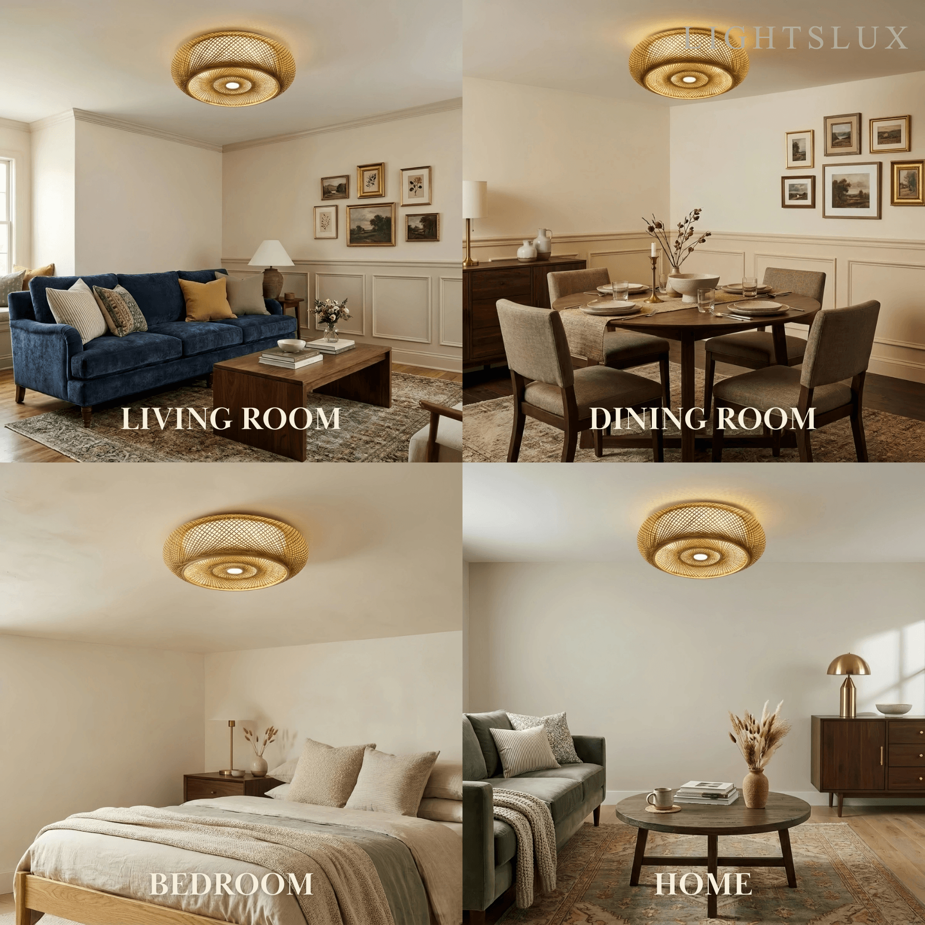Natural Bamboo Ceiling Light — Round Rattan Woven & LED Bedroom - Flindria