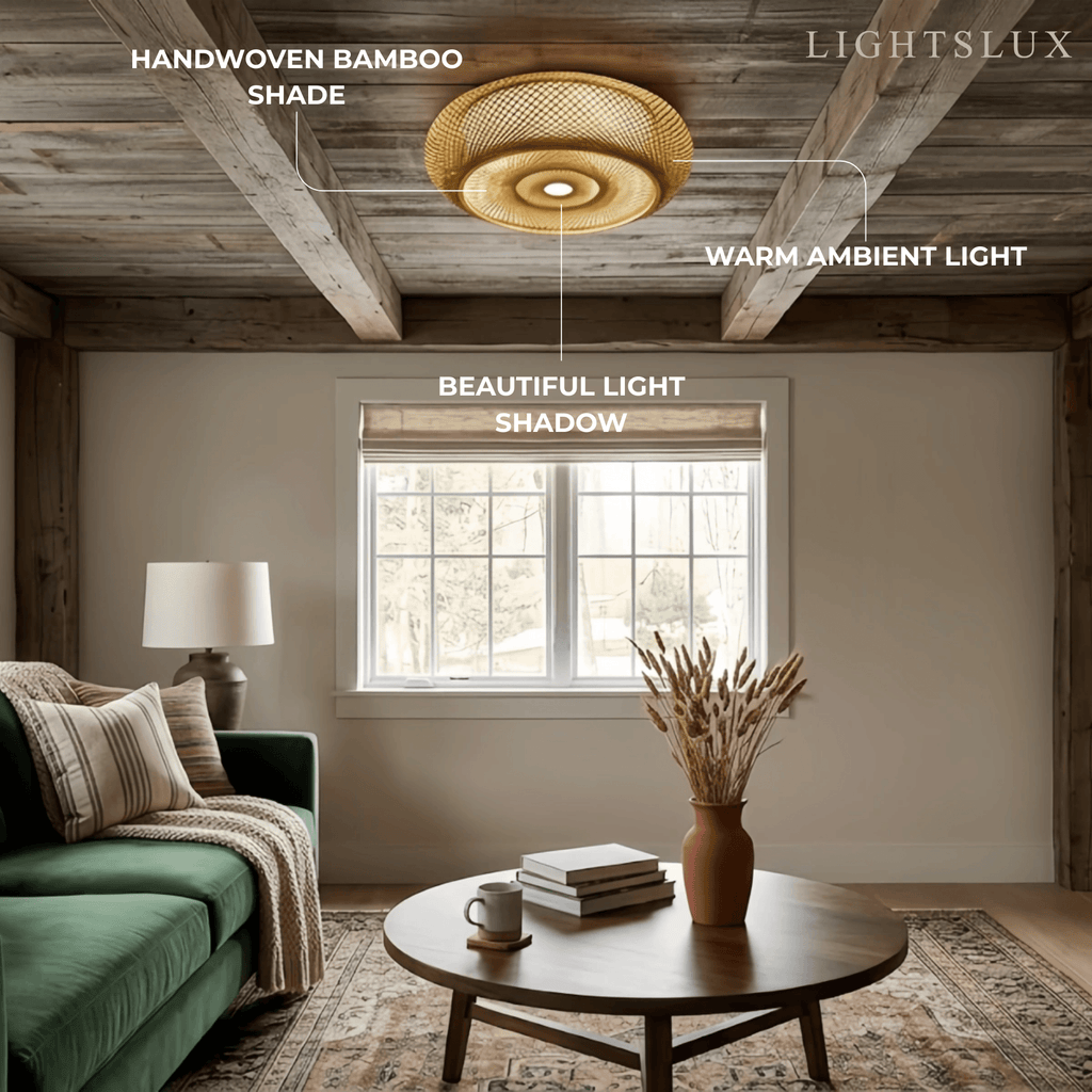 Natural Bamboo Ceiling Light — Round Rattan Woven & LED Bedroom - Flindria