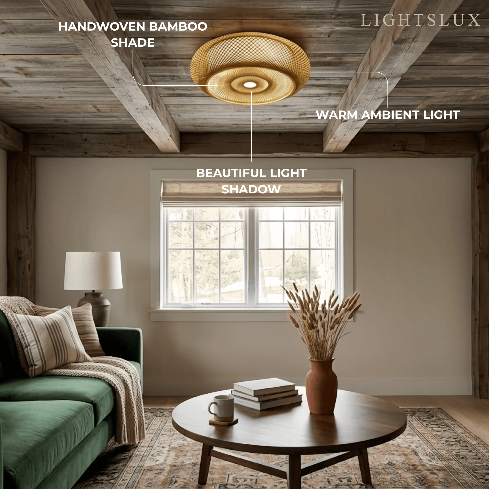 Natural Bamboo Ceiling Light — Round Rattan Woven & LED Bedroom - Flindria