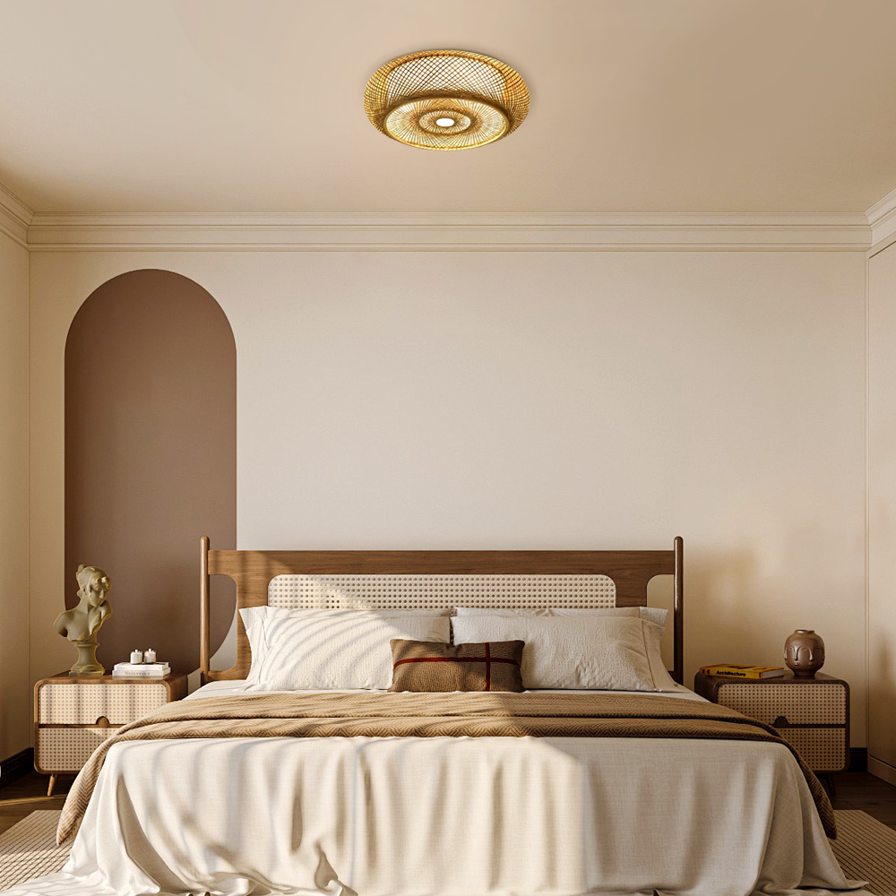 Natural Bamboo Ceiling Light — Round Rattan Woven & LED Bedroom - Flindria