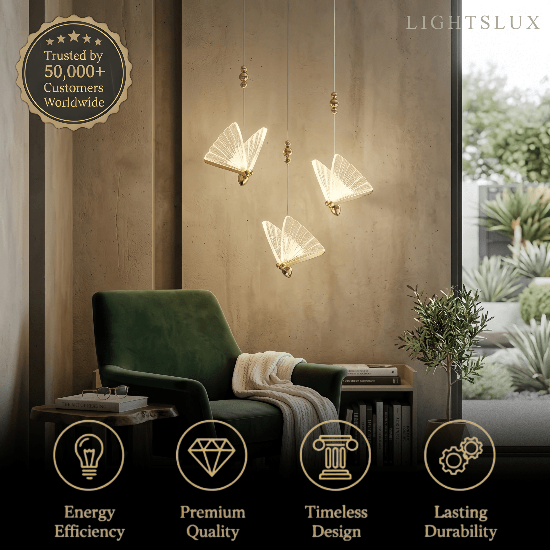 Art Deco Butterfly Pendant Light - Gold Metal & Acrylic for Bedroom - Flindria