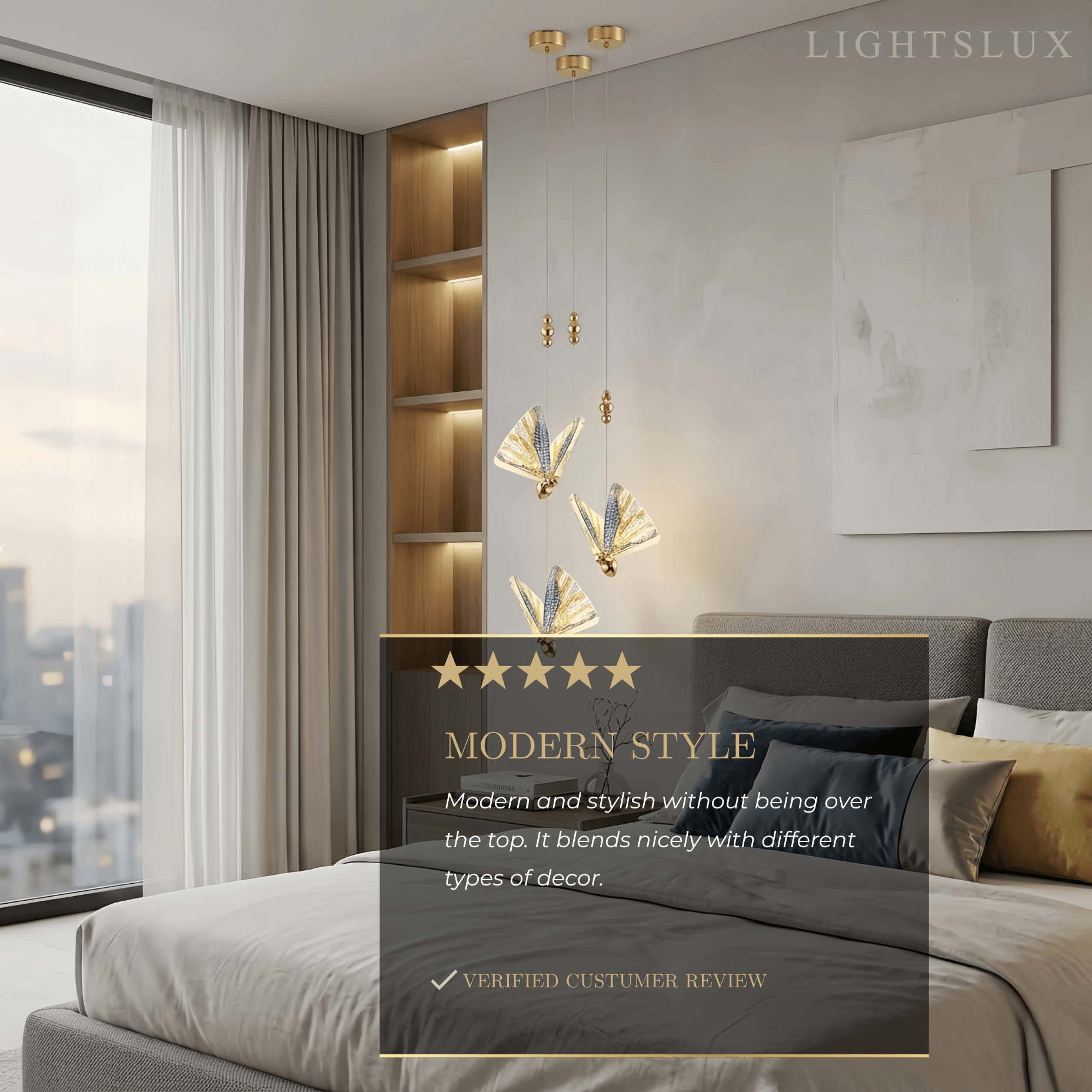 Art Deco Butterfly Pendant Light - Gold Metal & Acrylic for Bedroom - Flindria