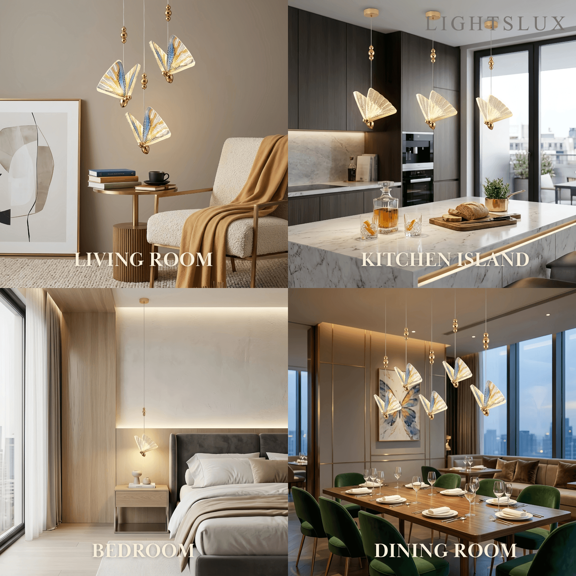 Art Deco Butterfly Pendant Light - Gold Metal & Acrylic for Bedroom - Flindria
