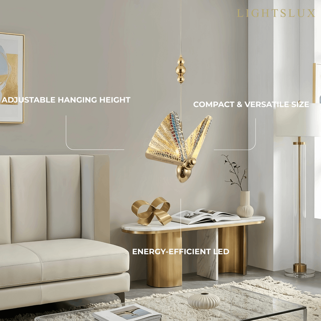 Art Deco Butterfly Pendant Light - Gold Metal & Acrylic for Bedroom - Flindria