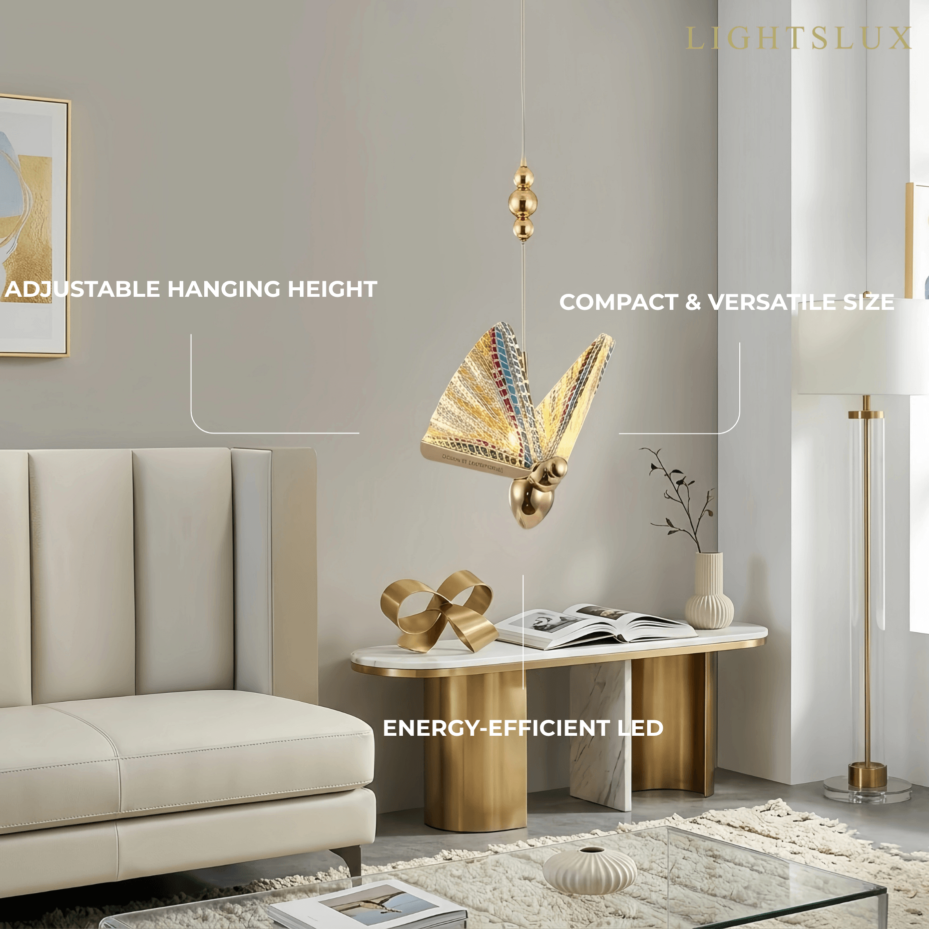 Art Deco Butterfly Pendant Light - Gold Metal & Acrylic for Bedroom - Flindria