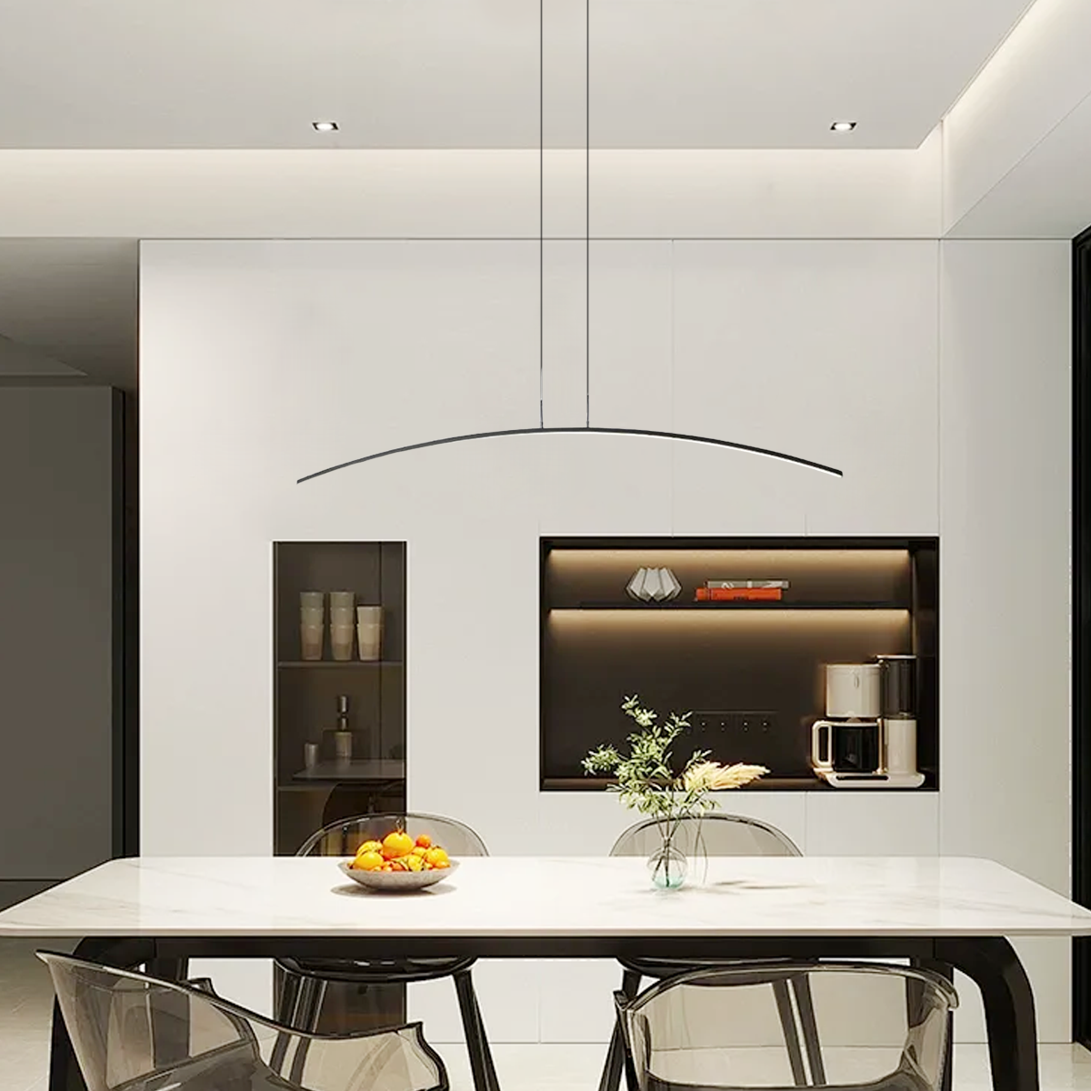 Minimalist Linear Pendant Light — Black & White Curved Metal for Dining Room - Flindria