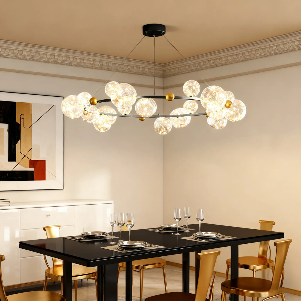 Lámpara de araña moderna de burbujas – Metal dorado/negro con vidrio cristal claro para cocina - Flindria